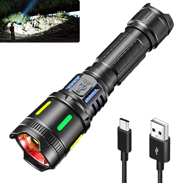 High Lumens Tactical Flashlight Rechargeable IP54 Waterproof Zoomable 4 Modes 1000+ Lumens Aluminum Alloy Camping Emergency