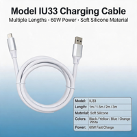 Câble de charge super rapide USB 2.0 Type-C Togudu IU33 en silicone de haute qualité avec noyau en cuivre pur pour téléphones mobiles