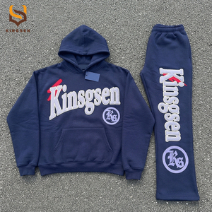 Custom 3D Embroidered Patch Sweatsuits Fleece Tracksuit Set <b>Oversized</b> Cotton Joggers Flared <b>Sweatpants</b> and Hoodie Set Men - Product Image 2