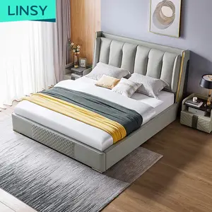 Linsy大号床架双人床花式现代廉价天鹅绒软垫卧室家具套装带床垫R305