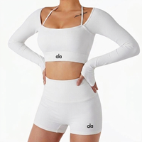 V-Cut Crossover Schnelltrocknend V-Cut Eisseide Weich Formgebend Nahtlos Geripptes Yoga-Set Damen High Waist Flare Leggings