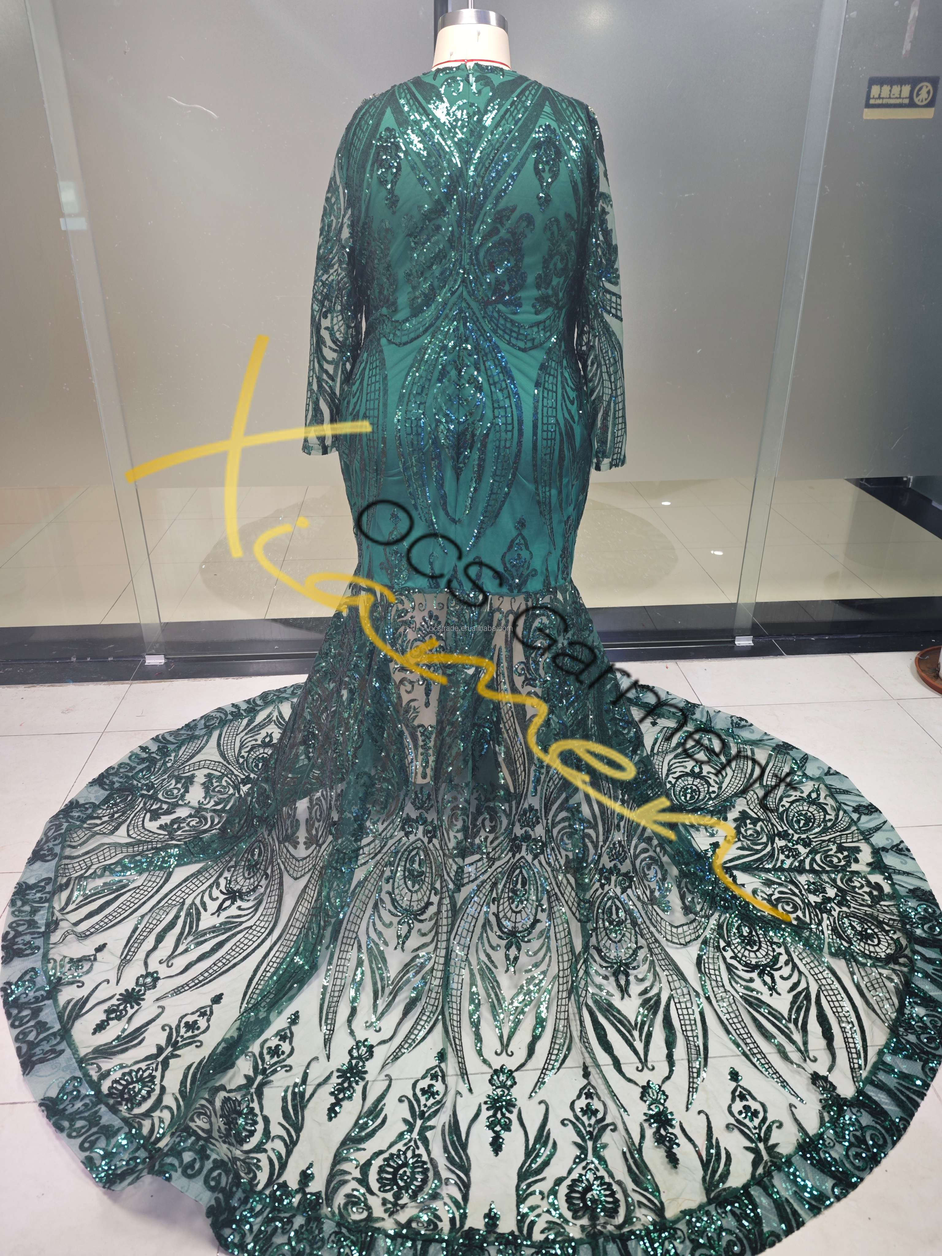 Ocstrade Custom Size Luxury Long Sleeve Evening Gown Dress Elegant Emerald  Green Rhinestone Plus Size Prom Dresses for Women| Alibaba.com