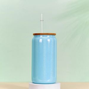Vaso de vidrio esmerilado con degradado ombré, tapa de bambú con pajita, tarro de vidrio Mason vacío al por mayor para impresión personalizada - Product Image 6