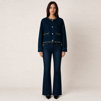Veste en jean courte personnalisée pour femme, col rond, avec garniture en tweed, coupe ample, pour le quotidien et le bureau