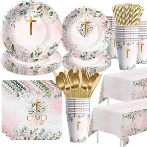 Décorations de baptême et de première communion, <span class=keywords><strong>vaisselle</strong></span> de fête pour baby shower : assiettes, gobelets, serviettes, nappes, couverts - Product Image 1