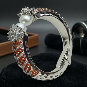 Luxury <b>Silver</b> Plated Brass Bangle <b>Bracelet</b> Orange CZ Cubic Zirconia Pearl <b>Cuff</b> Open Adjustable Indian Fashion Jewelry - Product Image 1