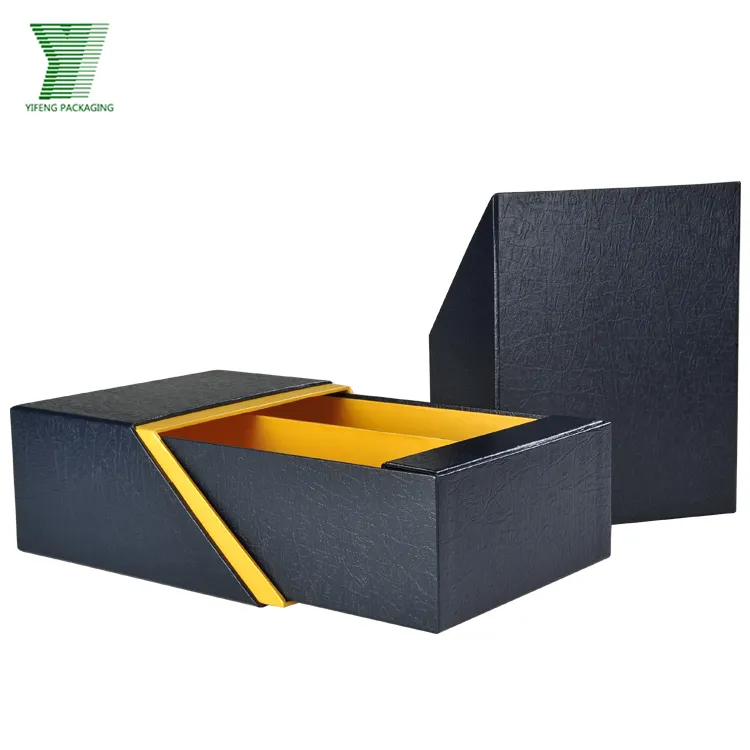 Color black shinny paper PU leather rigid cardboard boxes with customized design for 2 pcs 750ml wine bottles packaging boxes