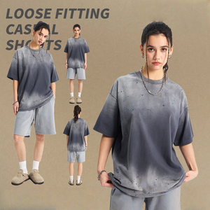 여름 트렌디 유니섹스 반팔 티셔츠 아메리칸 빈티지 스타일 레트로 솔리드 100% 코튼 니트 루즈 블랭크 디지털 - Product Image 5