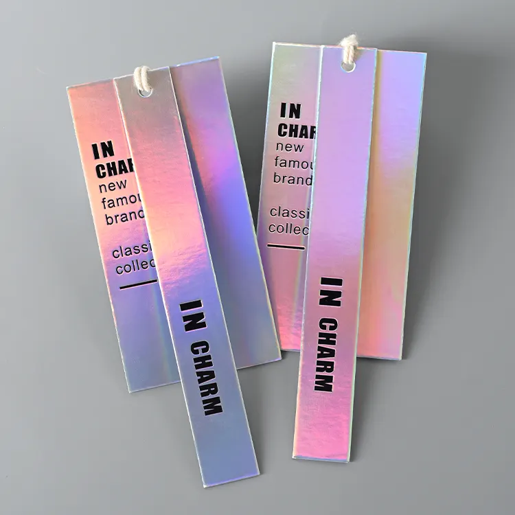 Bling rainbow holographic tag custom logo accessories seal clothing paper label holographic swing hang tag with hologram/.