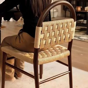 French Vintage Vivian <b>Dining</b> <b>Chair</b> Rope Woven Solid Wood Backrest Adult <b>Dining</b> Room Leisure <b>Chair</b> - Product Image 5