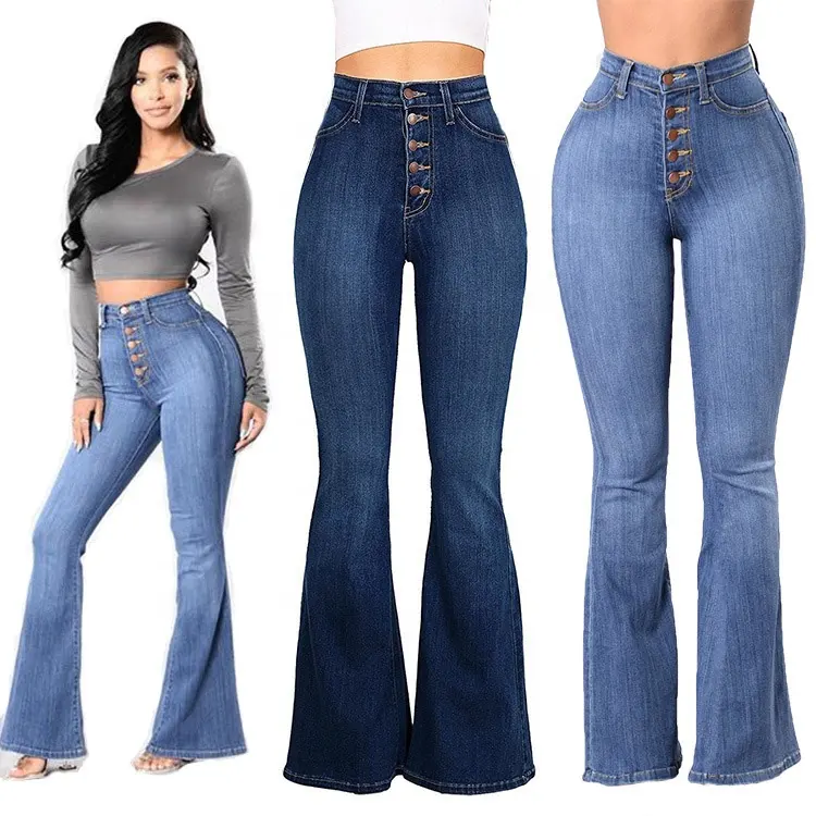 Celana Jeans wanita pinggang tinggi, celana Denim kaki lebar, celana jins pinggang tinggi, celana jins wanita elastis, kancing atas, ukuran Plus