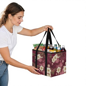 Cesta de Compras Plegable de Nylon Mediana con Logotipo Personalizado de Flores, Bajo MOQ, Organizador de Coche, Caja de Almacenamiento Plegable para Playa, Bolso de Compras con Asa - Product Image 1