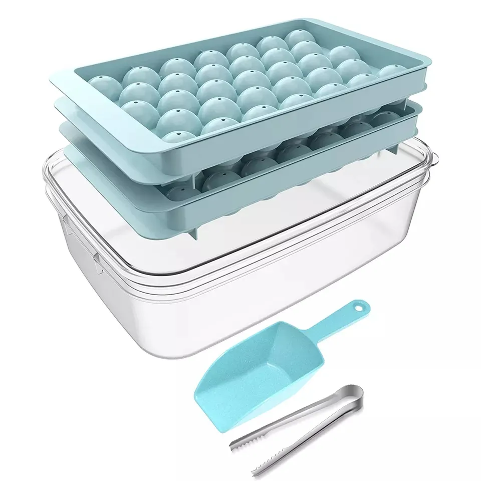 Blue Round Ice Cube Tray for Freezer with Small Spoon Lid and Bin Circle Ice Mold Making