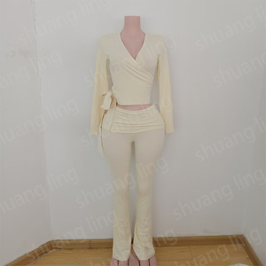 Conjunto de salón para mujer, blusas envolventes de Ballet de colores <span class=keywords><strong>con</strong></span> logotipo personalizado, Tops <span class=keywords><strong>con</strong></span> pantalones acampanados, conjuntos plegables sobre mallas de Yoga, conjunto de salón para mujer - Product Image 4