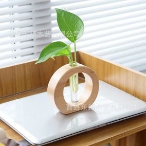 Jarrón hidropónico de madera, diseño minimalista redondo para decoración de plantas de interior en el escritorio. - Product Image 1