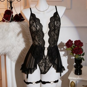 Body in pizzo rosa trasparente con reggicalze e volant, lingerie sexy per donna, per la <span class=keywords><strong>notte</strong></span> di nozze. - Product Image 4