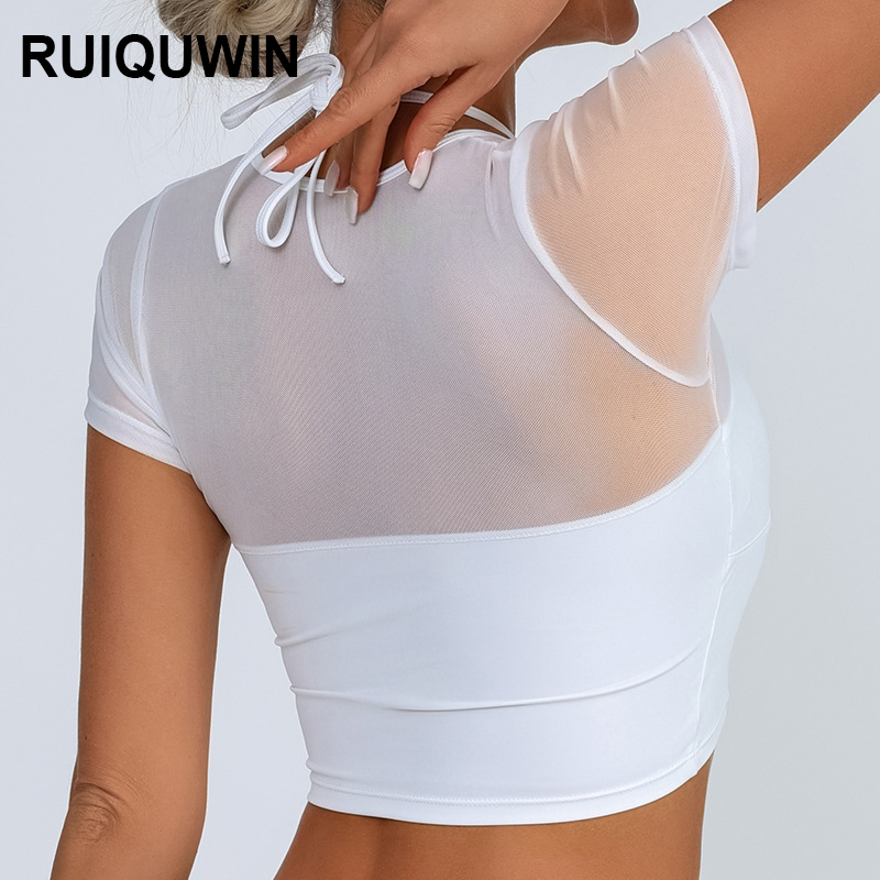 RUIQUWIN Wholesale Fashion Mesh Yoga Top Women's Quick Drying Breathable Sports Fitness Top Short Sleeve T-Shirt