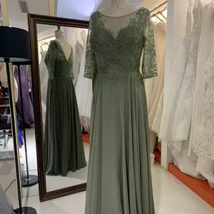 長袖刺繍シフォンプラスサイズオリーブグリーンAラインファットマザーオブザブライドドレス