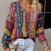 Suéter de Mujer con Cuello en V, Diseño Calado, Patrón a Cuadros, Hombros Regulares, Ligeramente Holgado, Casual, Transpirable, 100% Poliéster, 300g, Tejido de Punto