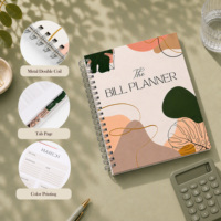Planificateur de budget personnalisé 2026 2027 avec impression couleur, format A5, couverture en papier spirale abstrait botanique, style minimaliste terreux, avec onglets