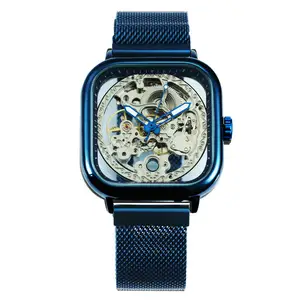 WINNER官方蓝色男士手表顶级品牌豪华自动机械表男士雕刻磁铁网带骨架手表