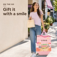 Sac fourre-tout cadeau rose non tissé avec logo personnalisé, imprimé dessin animé, poignée ruban rose pour fête d'anniversaire et vente au détail