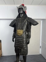 Ensemble d'armure ancienne chinoise à écailles noires, costume de guerrier avec dragon en relief, casque à ailes de phénix, pour homme, en matériaux fonctionnels