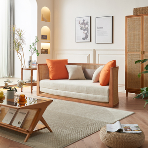 Ensemble de canapé-lit en rotin en bois vintage Japandi fait à la main pour l'intérieur/l'extérieur, hôtel, balcon, salon, chambre à coucher, comprend des chaises, une éponge - Product Image 2