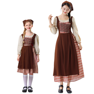 En stock : Ensemble de costumes de cosplay Médiéval Femme et Enfant, style Fille de ferme, avec <span class=keywords><strong>robe</strong></span> tablier à carreaux en polyester, Tailles S-2XL, pour fête - Product Image 1