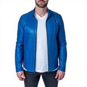 <b>LONG</b> MISSION INDUSTRY Men's Blue <b>Leather</b> <b>Jacket</b> Mandarin Collar Zipper Closure Casual Slim Fit Solid Color Regular Length Winter - Product Image 2