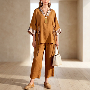 Ensemble deux pièces décontracté pour femme, style bohème, en lin et coton, col en V, manches courtes, coupe ample, couleur unie, respirant, pour l'été - Product Image 2