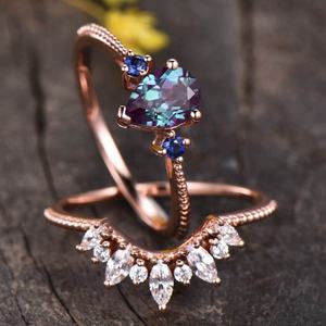 Rose Gold 925 <b>Sterling</b> <b>Silver</b> Band Jewelry Synthetic Lab Created Alexandrite <b>Ring</b> <b>Set</b> for Women - Product Image 2