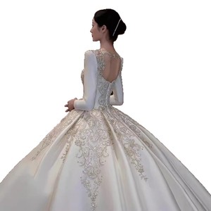 Satin Wedding Dress Ball Gown Sweetheart Neckline Long Sleeves Princess Waistline Vintage Style <b>Floor</b> Length - Product Image 5