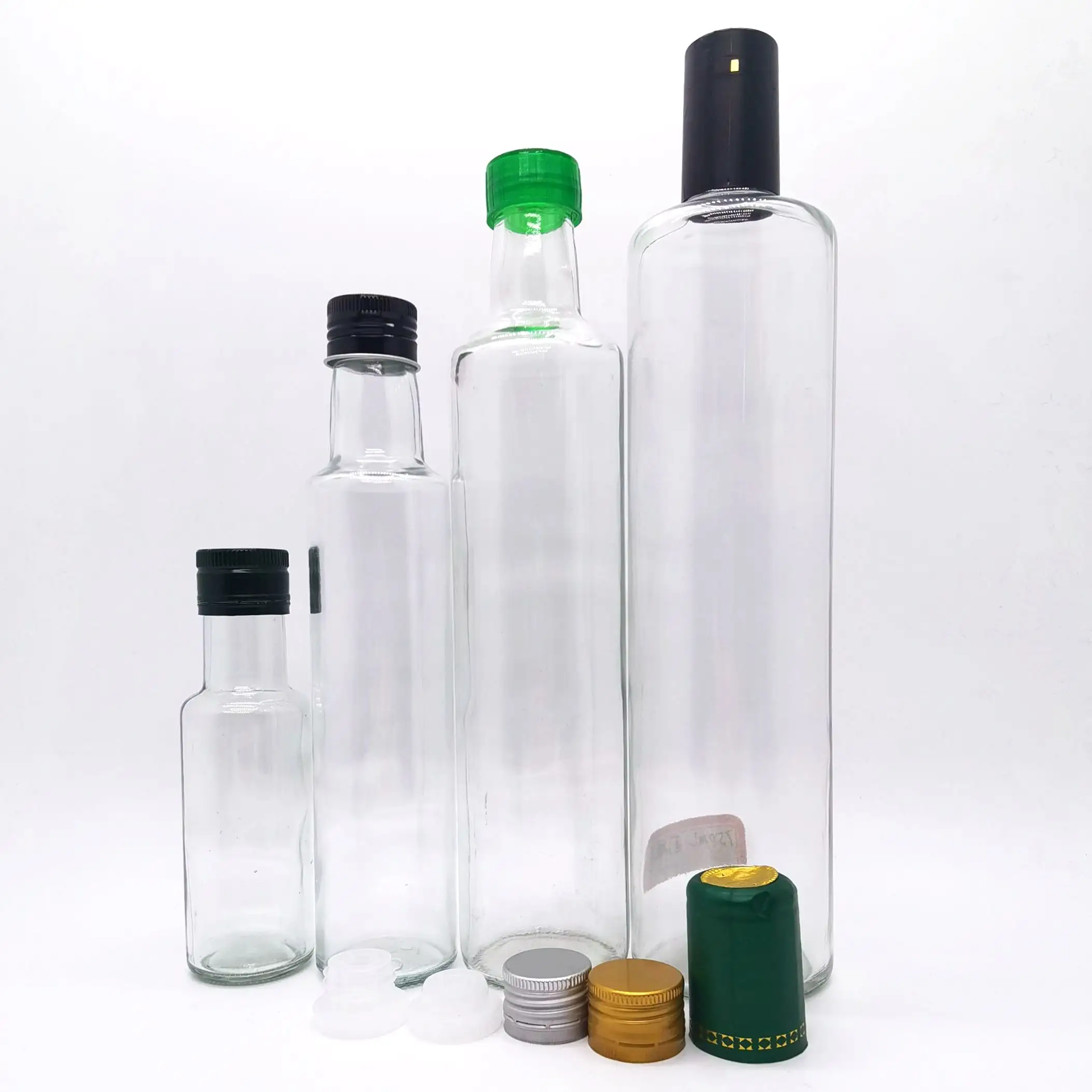 Vendita calda 100ml 250ml 500ml 750ml 1000ml chiaro bottiglie di vetro vuote rotonde per olio d'oliva e aceto con coperchi