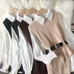 Conjunto informal de otoño y primavera para mujer, <span class=keywords><strong>camiseta</strong></span> <span class=keywords><strong>blanca</strong></span> de manga larga + Chaleco de punto <span class=keywords><strong>con</strong></span> abertura, <span class=keywords><strong>traje</strong></span> elegante para mujer - Product Image 2