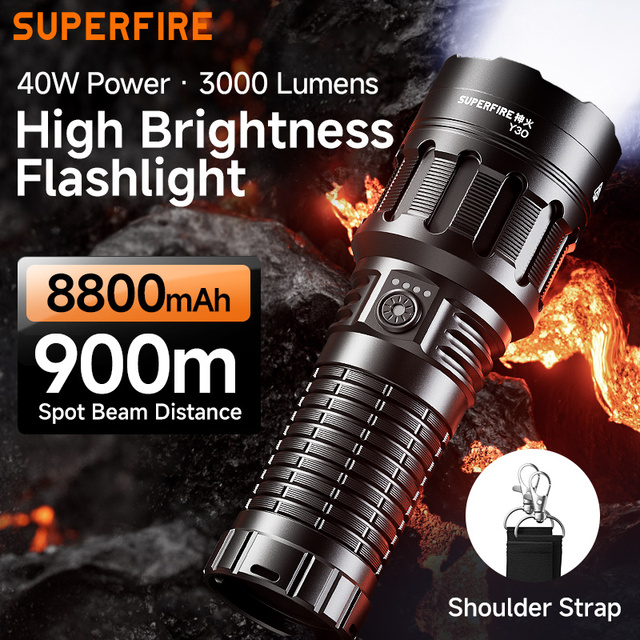 Super Bright 40W 3000 Lumens High Intensity Aluminum Alloy LED Flashlight 900M Beam Distance USB Type-C Rechargeable 8800mAh