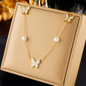 Butterfly Pendant Necklace Gold Stainless Steel Pearl Chain Elegant Collarbone Jewelry Gift For Women - Product Image 1