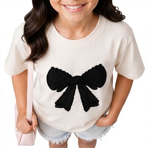T-shirt confortable avec grand nœud en dentelle brodé noir, col rond, haut décontracté pour enfants, nouvelle édition - Product Image 4