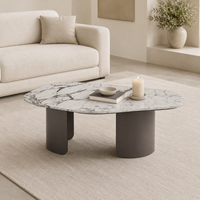 Table basse moderne de grande taille, de forme irrégulière, avec plateau en marbre véritable blanc et base en fer peint