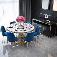 Table de salle à manger ronde de luxe moderne en acier inoxydable doré avec plateau tournant et ensemble de 6 chaises pour hôtel et villa, assemblée