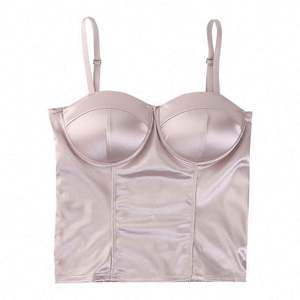 I-0283 Camisola cómoda con pliegues, estilo sexy, sin costuras, con efecto de realce, sujetador sin marcas, copa fija, top de tubo de seda helada con tirantes - Product Image 5