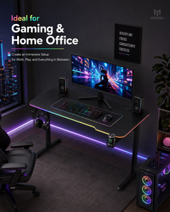 Bureau de jeu avec surface en fibre de carbone, éclairage LED RGB, crochet pour casque, structure en acier, bureau d'ordinateur durable pour les joueurs d'e-sport - Product Image 5