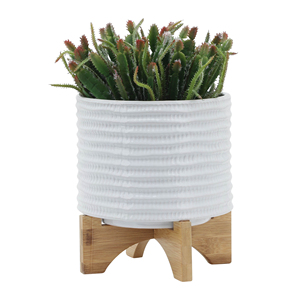 Vaso in ceramica con supporto in legno, fioriera moderna testurizzata per decorazioni da giardino, patio e casa - Product Image 3