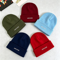 Topi Rajut Musim Dingin AMCLEVER, Kupluk Akrilik Warna Solid Unisex, Topi Pullover Bordir Cetak Seluruh Permukaan, Skullies Hangat, Logo OEM