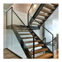 Escalier intérieur moderne en acier et bois à double poutre avec balustrade en verre et barres en acier inoxydable, robuste et écologique, pour sous-sol