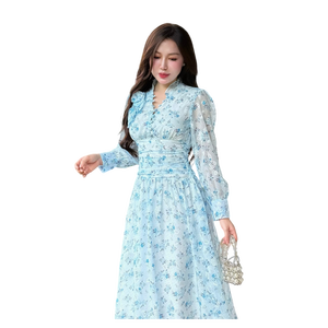 Robe longue en mousseline florale pour femme, manches longues, col en V, coupe trapèze, col à volants, décontractée, romantique, été, ODM - Product Image 1