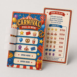 Personalized Custom Instant Prize Five Windows Tear Off Original Color Custom Amusement Park Theme Pull Tab Tickets - Product Image 1