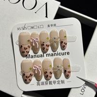 Ongles à presser carrés en amande français, motif floral léopard, nœud papillon 3D, papillon, luxe artisanal 048 049 050 051