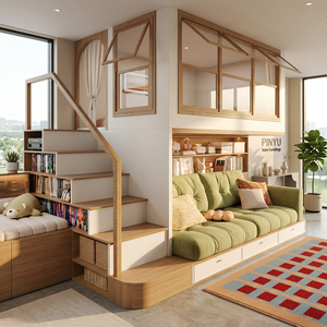 Plataforma <span class=keywords><strong>de</strong></span> Dormitorio Integrada con <span class=keywords><strong>Armario</strong></span> <span class=keywords><strong>de</strong></span> Vidrio, Diseño Mid-Century, Ensamblaje Desmontable - Product Image 1