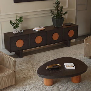 Mobile TV Full Moon in Legno Massello, Set Tavolino da Caffè, Nuovi Mobili di Alta Gamma Stile Mid-Century in Acciaio Inox Anticato per Soggiorno con 2 Cassetti - Product Image 2